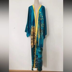 1128.  Mint Green Animal-Print Beach Kaftan Cover-Up with Tan Embroidered V-Neck